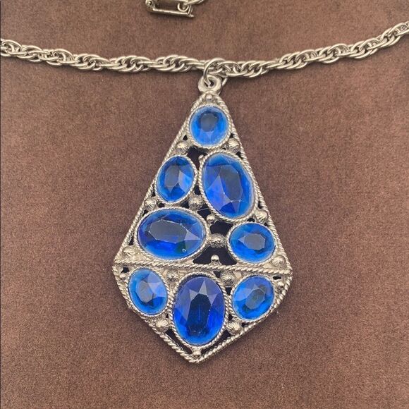 Vintage Ink Blue Crystal Pendant w/ Silver plate Necklace, Unmarked - Picture 1 of 5